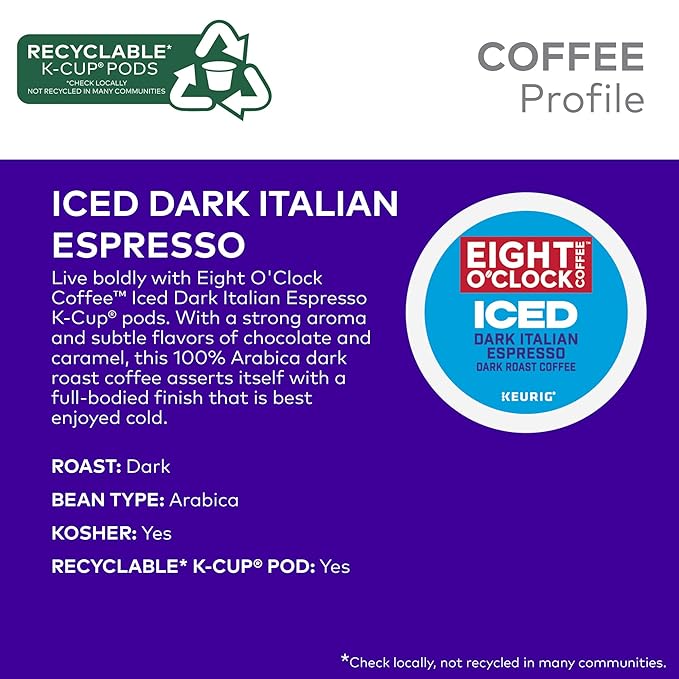 Eight O'Clock Coffee ICED Dark Italian Keurig Single-Serve K-Cup Pods Dark Roast Iced Coffee 60 Count (6 Packs of 10)