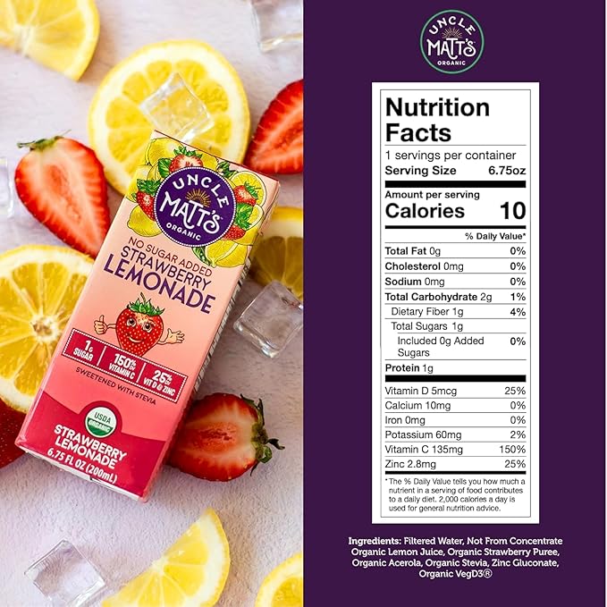 Uncle Matt’s No Sugar Added Strawberry Lemonade Organic Fruit Juice Box for Kids with Vitamin C D Zinc Only 10 Calories 32 pack of 6.75 oz Boxes
