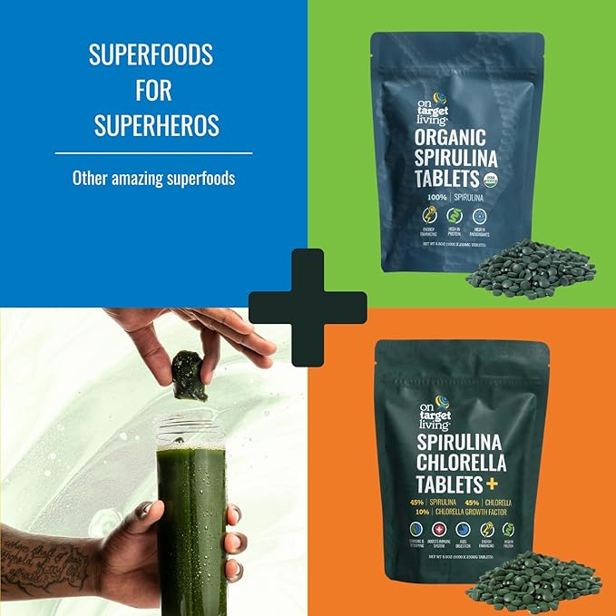 On Target Living Organic Spirulina Chlorella | Supergreens | USDA Organic | 1000 Tablets - 250 G (8.8 oz) | Vegan | Immune Support | Alkalyzing | Nutrient Dense | Protein Dense