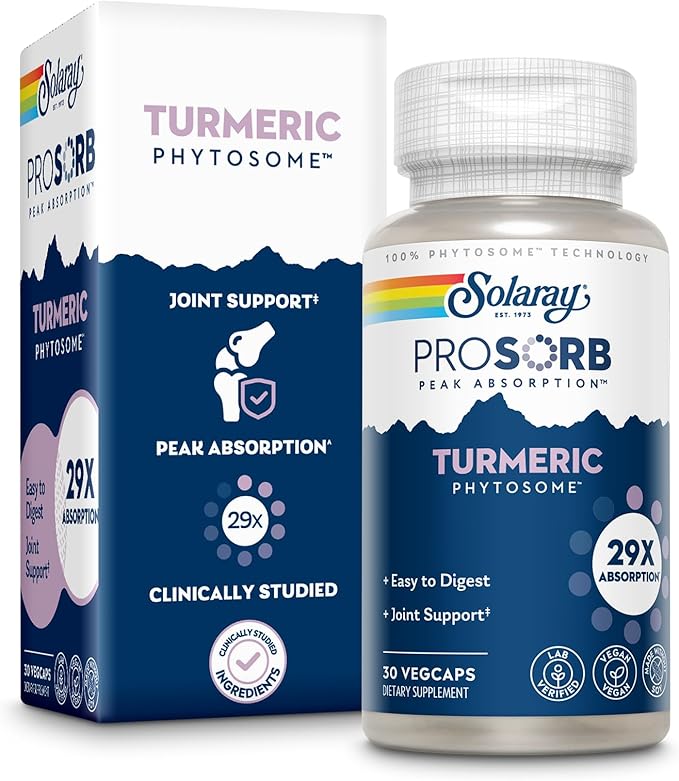 SOLARAY ProSorb Turmeric Supplement Phytosome 500 mg - 29X High Absorption Turmeric Curcumin Supplement for Joint Health Support - Easy-to-Digest Curcumin Vegan 60-Day Guarantee 30 Serv 30 VegCaps