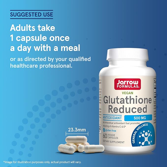 Jarrow Formulas Glutathione Reduced 500 mg - 60 Veggie Capsules - Intracellular Antioxidant - Quality Glutathione Supplements - Supports Recycling of Vitamins C &amp E - Non-GMO - Gluten Free - Vegan