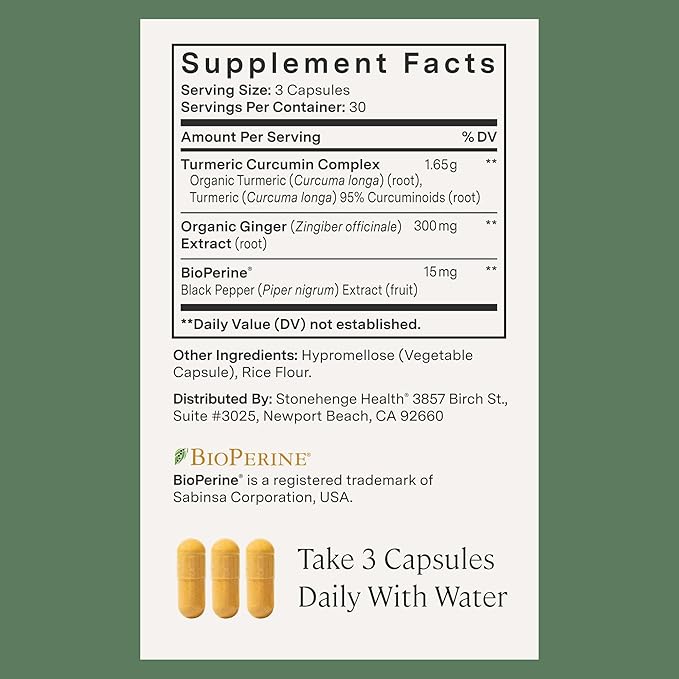 Stonehenge Health Dynamic Turmeric Curcumin with Ginger - High Potency - 1650 mg Turmeric with 95% Curcuminoids &amp BioPerine 90 Vegetarian Capsules