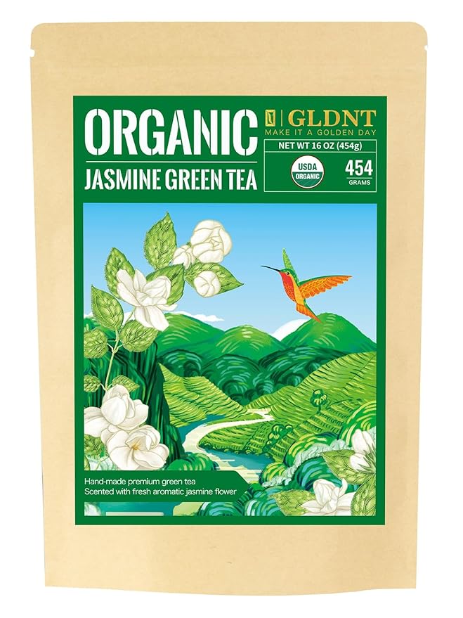 GLDNT Organic Jasmine Green Tea Organic Jasmine Green Tea Loose leaf with Delightful Aroma Delicate and smooth Flavor Hot &amp Iced Tea 16 Ounce