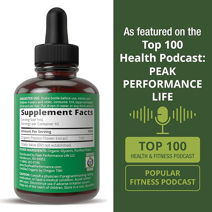 USDA Organic Passion Flower Extract Vegan Liquid Drops with High Bioavailability for Women and Men. Organic Passionflower Supplement with Zero Sugar and Gluten Free. for Calm Relaxation Support.