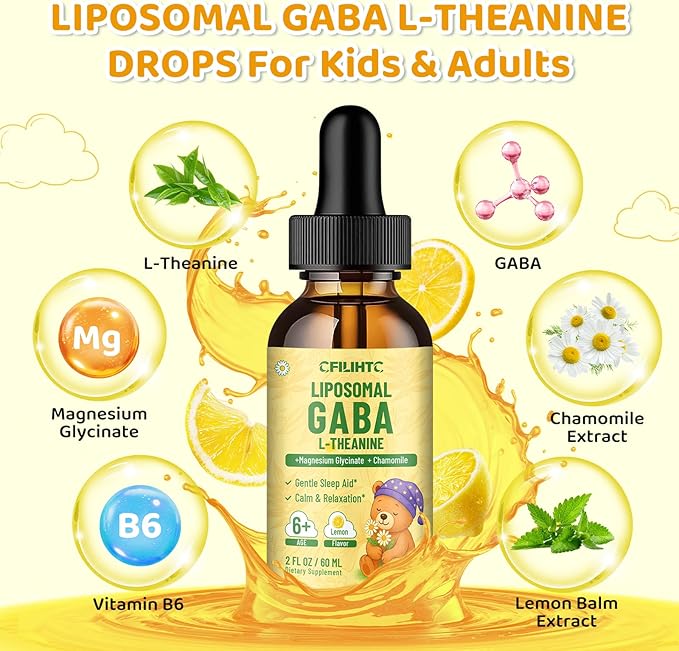 2 Pack Liposomal GABA L-Theanine Drops for Kids - Liquid GABA Supplement with Magnesium Chamomile Lemon Balm &amp Vitamin B6 - Support Relaxation Focus &amp Stress Relief for Kids &amp Adults -