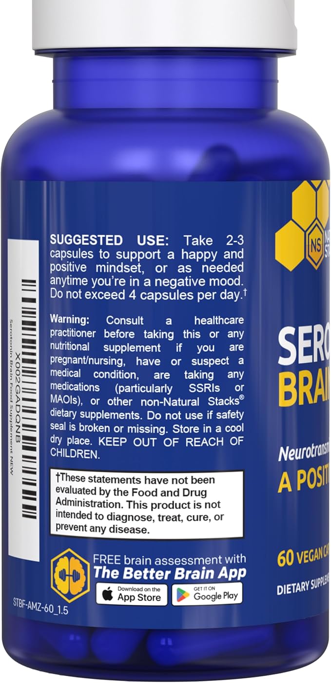 Serotonin Brain Food - 1250mg L-Tryptophan &amp 400mg Rhodiola Rosea Supplement - Mood Support Supplement for Stress Relief - Neurotransmitter Support with Magnesium Glycinate &amp Zinc - 60 Capsule