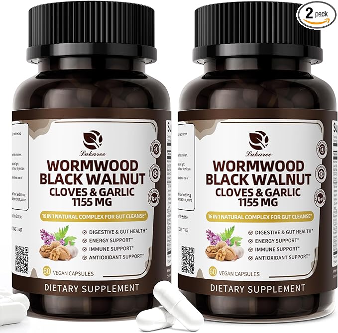 Lukaree 16-in-1 Wormwood Black Walnut Clove Cleanse for Humans Capsules – Natural Gut Detox &amp Digestive Health with Pumpkin Seeds Garlic Oregano Turmeric Liposomal Tech 98% Absorption Vegan 1155