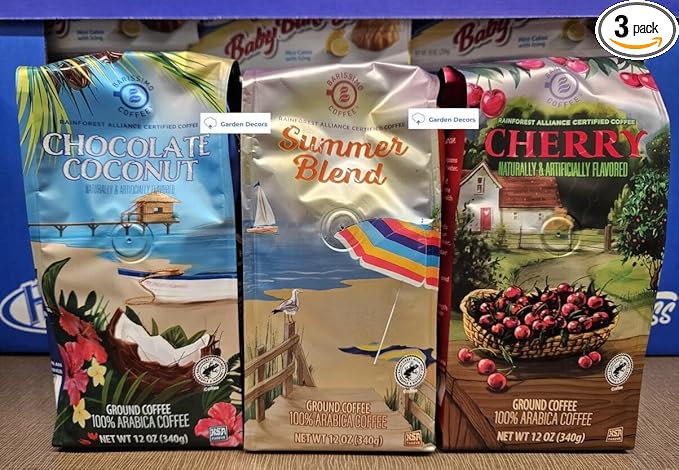 Barissimo Coffee Naturally &amp Artificially Flavored Chocolate Coconut Summer Blend Cherry 12oz 340g (Three Bags)