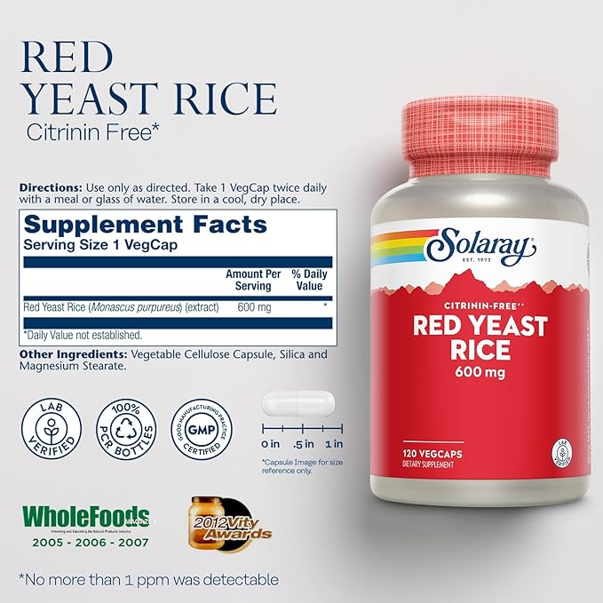 SOLARAY Red Yeast Rice 600mg System Support Non-Irradiated &amp No Citrinin Lab Verified 120 VegCaps