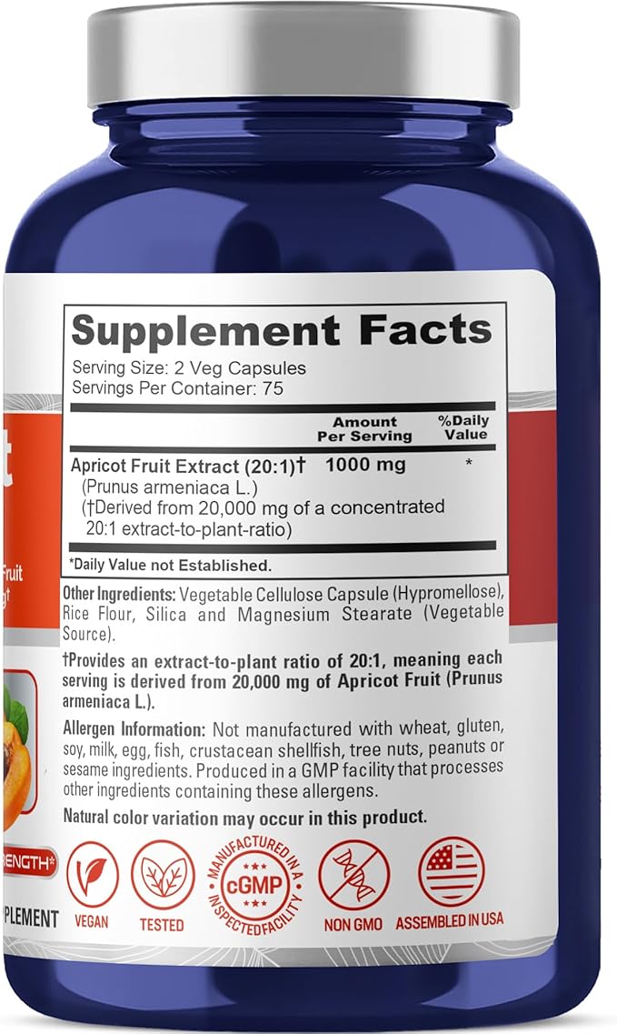 NusaPure Apricot 20:1 Extract 1000 mg Equivalent to 20000mg 150 Veggie Capsules (Vegan Non-GMO)