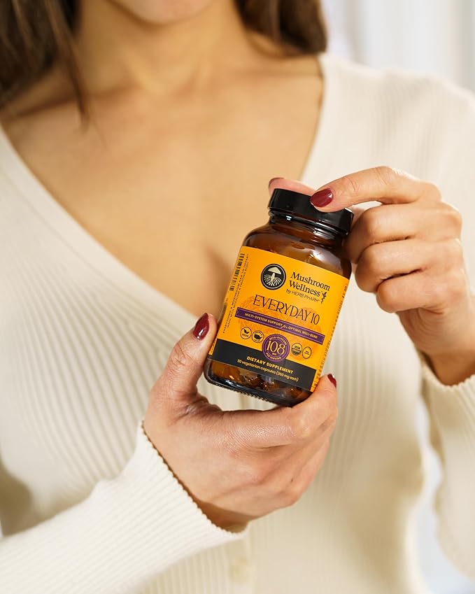 Mushroom Wellness Everyday 10: Organic 10-in-1 Mushroom Capsules with Lion's Mane Shiitake Reishi Turkey Tail &amp More Mushroom Powder Supplement Immune &amp Nervous System Support 90 Vegan C