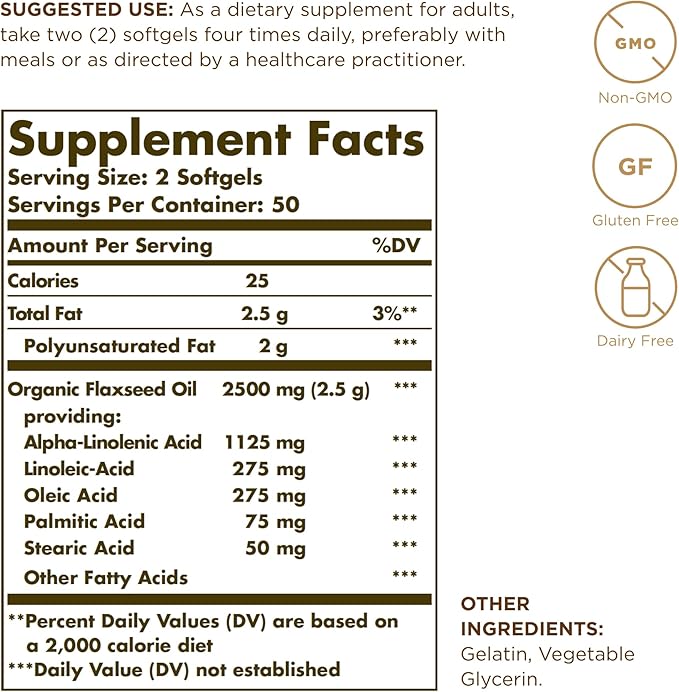Solgar Flaxseed Oil 1250 mg - 100 Softgels Pack of 3 - Concentrated Plant Source of Omega-3 Alpha-Linoleic Acid (ALA) - Non-GMO Gluten Free - 150 Total Servings