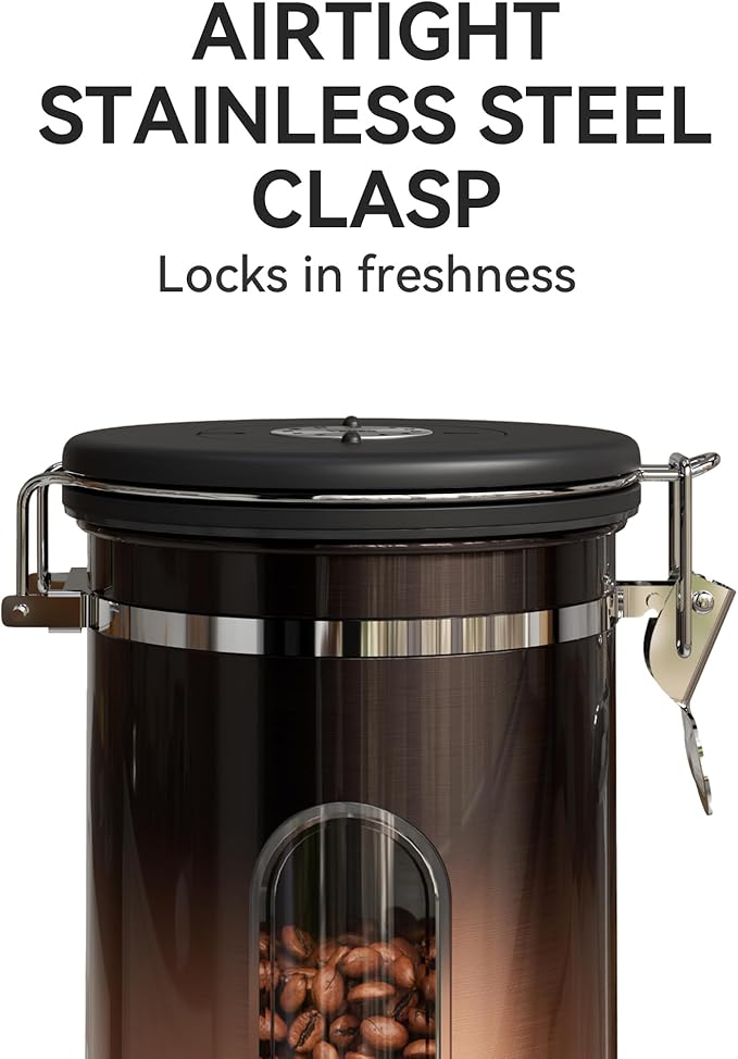 Veken Coffee Canister with WindowAirtight Stainless Steel Kitchen Food Storage Container Date Tracker &amp Scoop for Grounds Coffee Beans TeaFlourCerealSugar22OZCopper