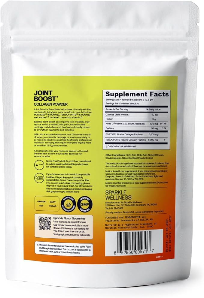 Sparkle Wellness FORTIGEL &amp TENDOFORTE Collagen Peptides | Collagen with Calcium Ascorbate Vitamin C to Support Joint Mobility Tendon &amp Ligament Health | Joint Boost (Acai Lemonade) [30-Serve