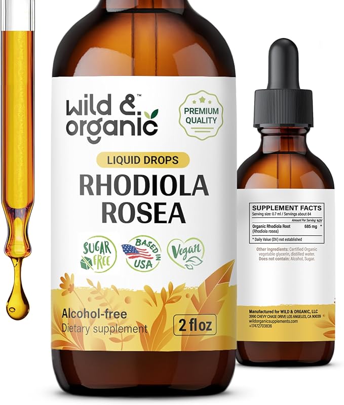 Wild &amp Organic Rhodiola Rosea Tincture - Mood Support - Relaxing Rhodiola Supplement - Root Extract Liquid Drops - Vegan Sugar &amp Alcohol-Free - 2 fl oz