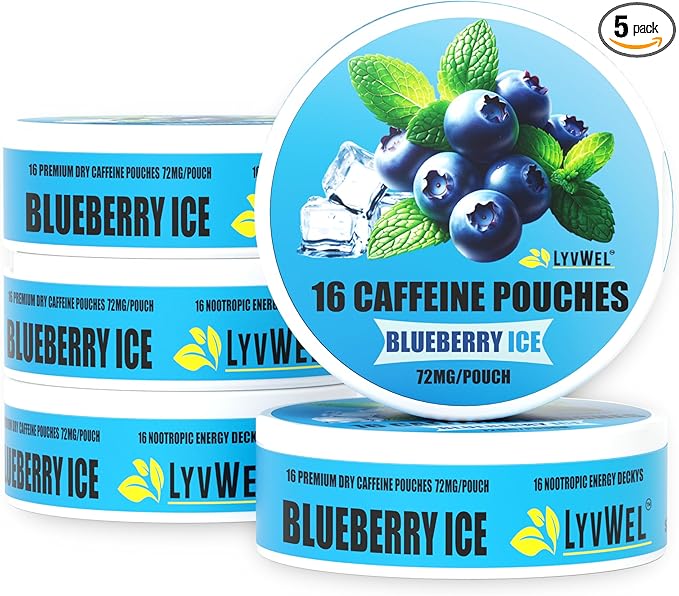 LyvWel 72mg Caffeine Energy Pouches – Blueberry Ice – Frosted Berry Energy with Guarana – 5-Pack (80 Total Pouches)