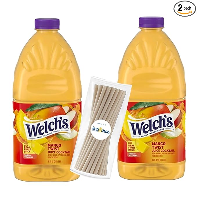 Welch's Mango Twist Juice Drink 96 fl oz Plastic Bottle 2 Pack + 15 Sugarcane Disposable Straws by KOOL8SHOP Infinite Deals
