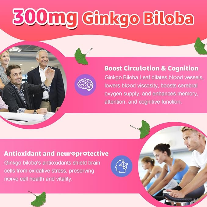 2 Pack Ginkgo Biloba 300mg Gummies for Adults &amp Kids Ginkgo Biloba Supplements for Focus Memory and Brain Health Vegan Sugar-Free Raspberry Flavor 120 Count