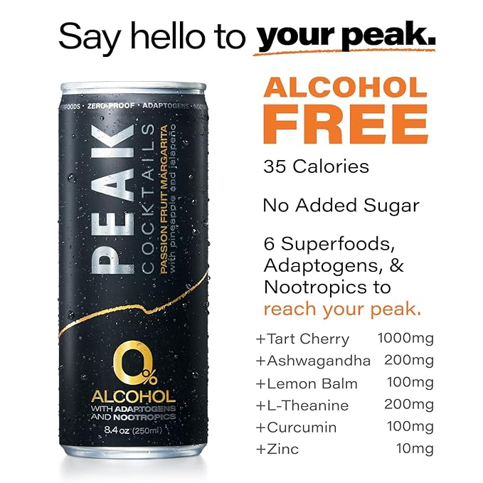 Peak Cocktails Non-Alcoholic Cocktail | Mixologist-made | Adaptogens Nootropics Superfoods for Recovery Calm Sleep | Ashwagandha Tart Cherry L-Theanine | Passion Fruit Margarita | 8.4oz 24-Pack