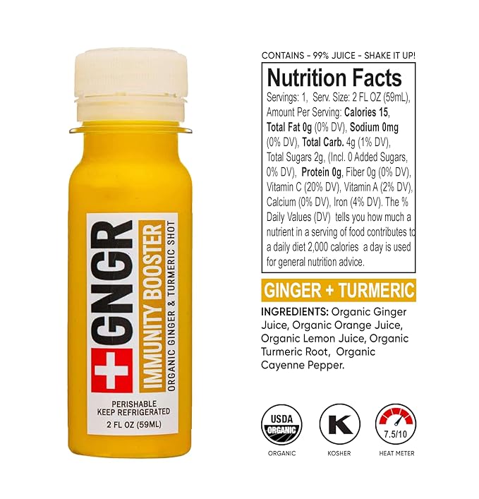 +GNGR 12 Shots Variety Pack of Organic Ginger Shots. Cold Pressed Preservative free. Ginger Juice Turmeric Root Lemon &amp Orange Juice Caynne Pepper. 2fl oz (Pack of 12)