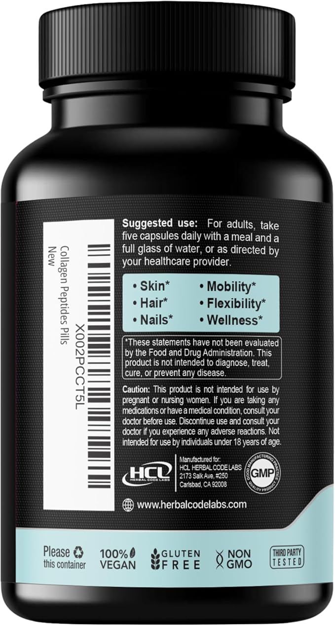 HCL HERBAL CODE LABS Collagen Peptides Powder with Vitamin C &amp Hyaluronic Acid - Cleanest Sources &amp Super High Absorption - Hydrolyzed Multi Type I II III V X - Skin Hair Supplement (Capsu