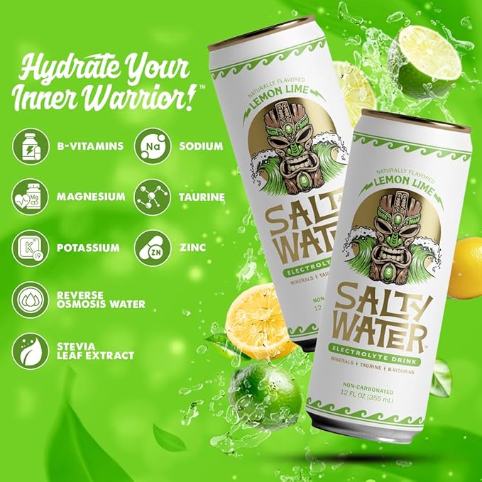SaltyWater Electrolyte Drink Lemon Lime – Zero Sugar Premium Hydration Drink 10 Calories Minerals Taurine B-Vitamins Non-Carbonated - Zero Caffeine Electrolyte Sports Drink - Gluten Free - 12 Pa