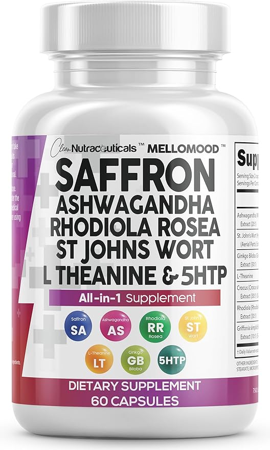 Clean Nutraceuticals Saffron Supplements Extract 100mg + Ashwagandha L-Theanine 200mg - Mood Support Ginkgo Biloba St. John's Wort Rhodiola Rosea &amp 5-HTP Capsules Pills Men Women