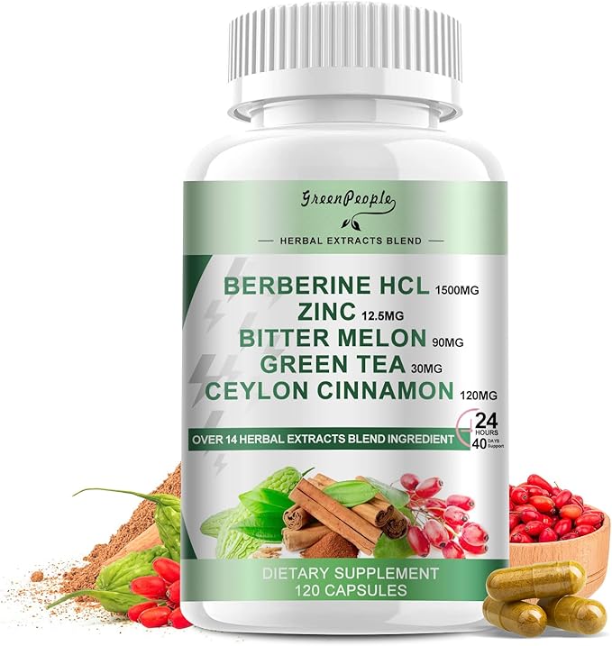 GREENPEOPLE Berberine Supplement with Ceylon Cinnamon - 120 Count Berberine 1500mg Activates AMPK &amp GLP-1 Berberina HCL with Bitter Melon &amp Natural Herbs for Immune Support/Energy