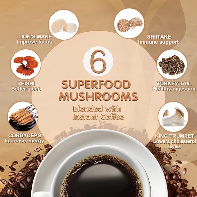 Mushroom Coffee 6 Adaptogenic Mushrooms with Lion's Mane Cordyceps Turkey Tail &amp More Instant Mushroom Coffee for Focus Energy Immune &amp Digestion Support