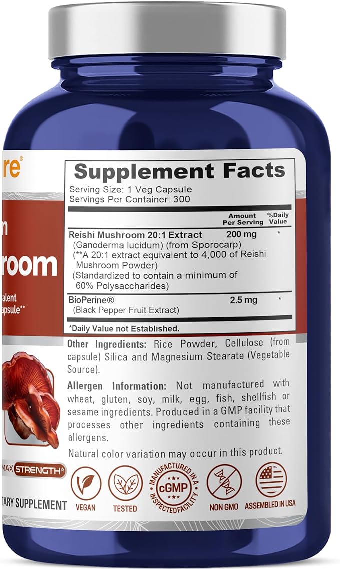 NusaPure Reishi Mushroom Extract 20:1 Extract 200 mg Equivalent to 4000mg per Capsule 300 Veggie Caps Vegan Non-GMO Vegan