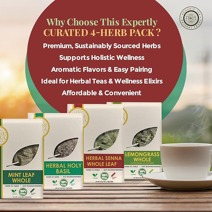 Pride Of India | Herbal Tea Lovers Set 14.12 oz (400 gm) | Includes Lemongrass Whole Tulsi/Holy Basil Leaf Whole Senna Herbal Whole Mint Whole