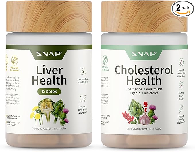 Snap Supplements Liver Health &amp Cholesterol Health Supplement Bundle with Milk Thistle Resveratrol Dandelion to Support Liver Digestive and Metabolic Health 60 Capsules Each (30-Day Supply)