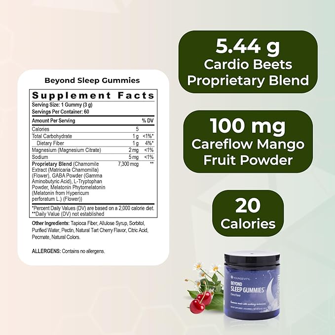 Youngevity Beyond Sleep Gummies – Plant-Derived Melatonin GABA L-Tryptophan Chamomile – Supports Restful Sleep and Relaxation – Tart Cherry Flavor – 60 Vegan Sugar-Free Gummies