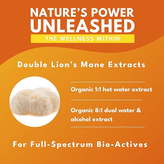 Bold Botanica Organic Lions Mane Supplement Capsules - 100% Fruiting Body Dual Extract - 115mg Beta-Glucans - Lion’s Mane Mushroom Extract for Brain Memory &amp Mood Immune Support - 60 Vegan Capsu