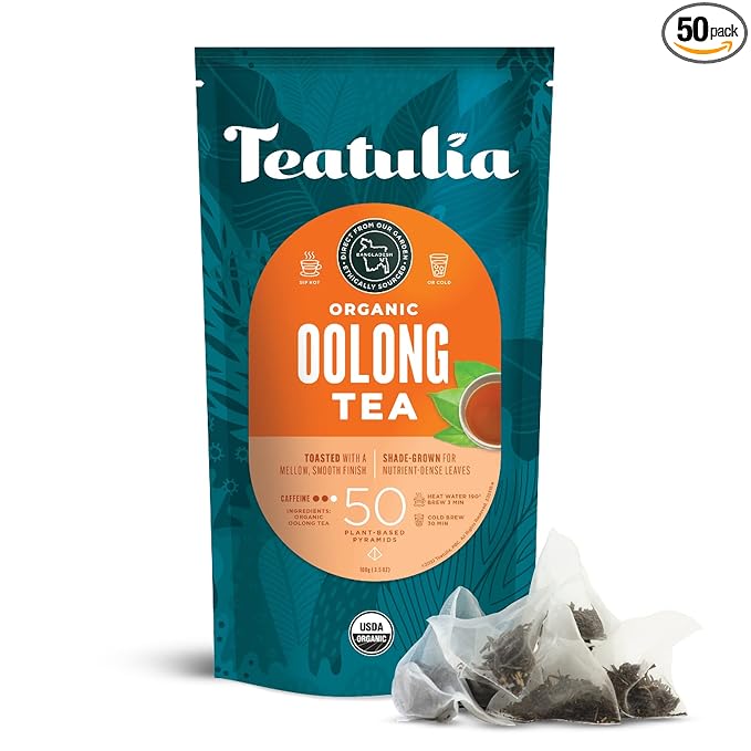 Teatulia Organic Oolong Tea Bags (50 Pyramid Sachet Teabags) Whole Leaf Tea. 100% Compostable And Sustainably Grown In Bangladesh. Best Oolong Tea