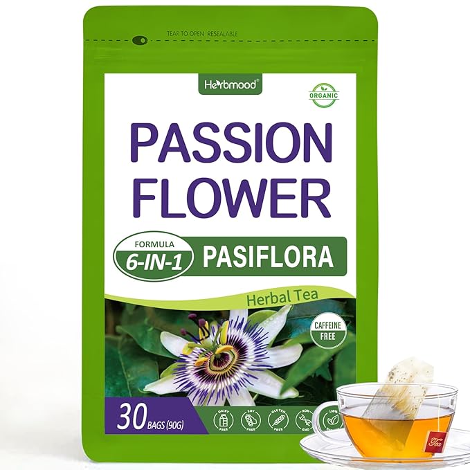 Herbmood Passion Flower (Pasiflora) Tea Bags Natural Lemon Balm Poria Cocos Herbal Tea for Relaxation Support Sleep Support 30 bags