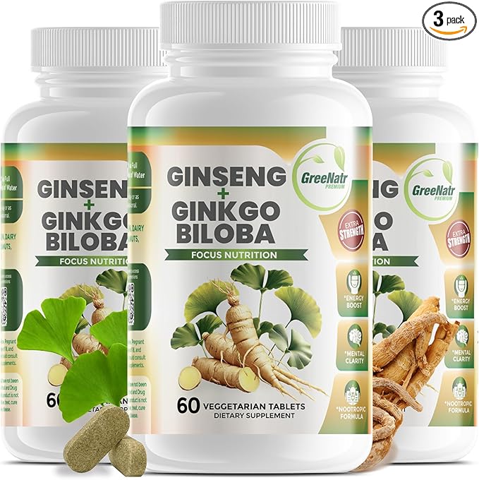 GreeNatr Ginko Biloba &amp Panax Ginseng Supplement - Red Ginseng Brain Supplement for Memory and Focus - Ginkgo Biloba Supplements for Good Vision Immune System and Improved Blood Flow - 3 Bottles