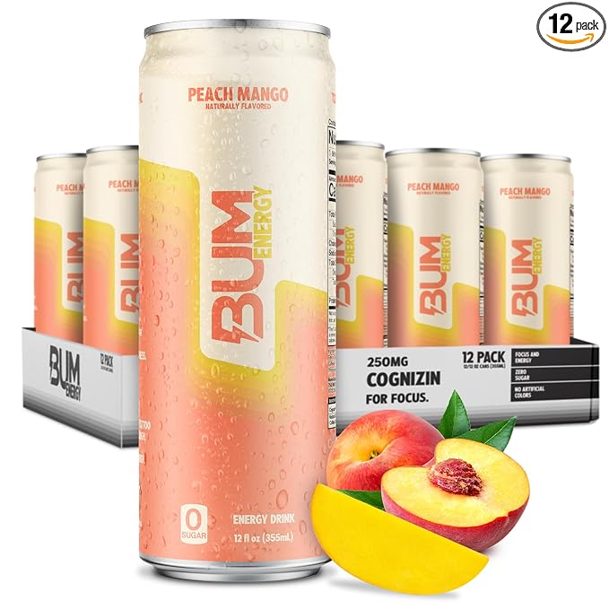 BUM Sugar-Free Energy Drink Peach Mango - Lightly Carbonated &amp No Artificial Colors Natural Caffeine &amp Citicoline for Energy &amp Focus Brain Boost &amp Workout Sports Beverage - 12 oz P