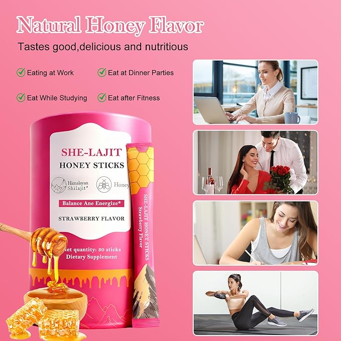 Shilajit Honey Sticks for Women Strawberry Shilajit Honeysticks with Shatavari &amp Saffron 75%+ Fulvic Acid &amp 85+ Trace Minerals for hormonal Balance &amp Energy Boost Easy Single | 30 Stick