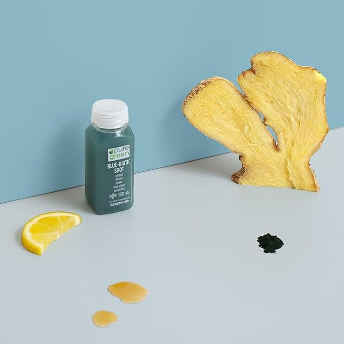 Pure Green Cold Pressed Shots - Blue Biotic Shot - Fresh Functional Blend w/ Lemon Ginger Blue Algae - Natural Gluten Free Non-GMO No Artificial Colors or Flavors - Made from Real Fruits &amp Ve