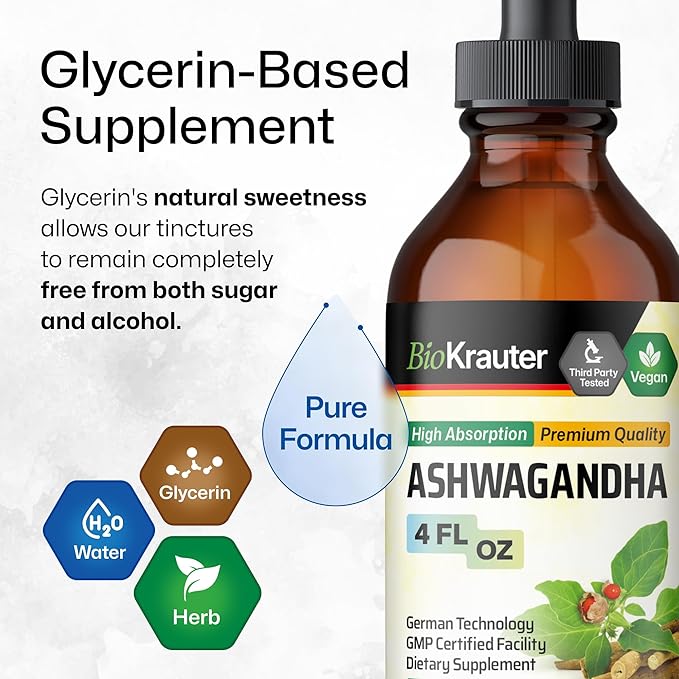 BIO KRAUTER® Ashwagandha Supplements - Liquid Drops Pure Vegan Ashwagandha for Women &amp Men 685 mg per Serving 4 Fl.Oz 56-Day Supply - Used for Mood Magic &amp Relaxation Support - Alcohol &amp S