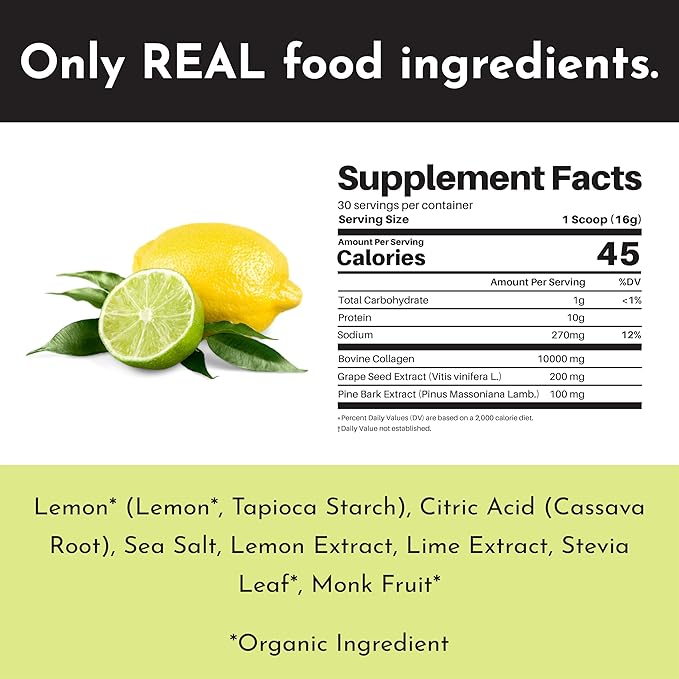 JUST INGREDIENTS Lemon Lime Collagen Peptides – 30 Servings – Supports Joint Skin Hair &amp Nail Health with Grass-Fed Hydrolyzed Collagen Types I &amp III – Refreshing Lemon Lime Flavor