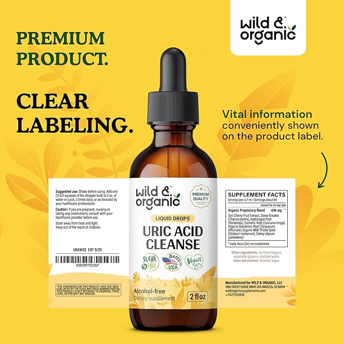 Wild &amp Organic Uric Acid Cleanse Drops - Tart Cherry Turmeric Chanca Piedra Stone Breaker Complex for Kidney Cleanse - Uric Acid Support Supplement - Vegan Sugar &amp Alcohol-Free Tincture - 2