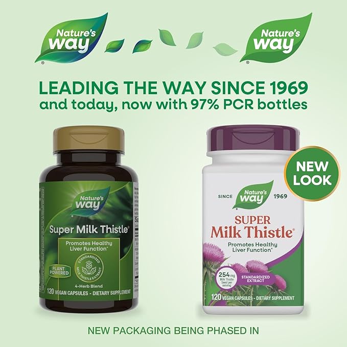 Nature's Way Super Milk Thistle Promotes Healthy Liver Function* With Artichoke Leaf Dandelion Root &amp Licorice Root Extracts Milk Thistle Extract Gluten Free 120 Capsules (Packaging May Vary