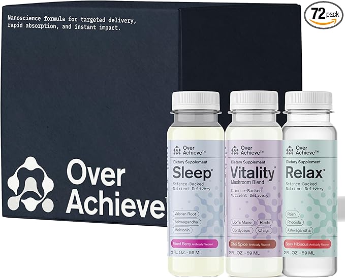 Supplement Variety Pack with Advanced Nanoscience Technology 72 Pack Stress Calming Relax Drink Sleep Aid Drink Mushroom Supplement Drink 2 oz Shot