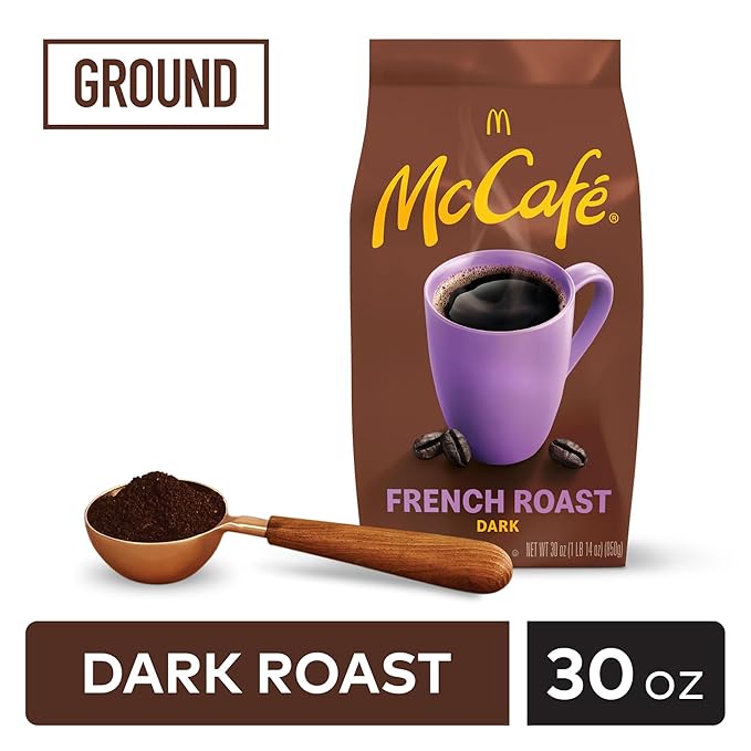 McCafe French Roast Ground Coffee Dark Roast Dark Cocoa Flavor Hints Premium Quality Responsibly Sourced Kosher Certified 30oz. Bag