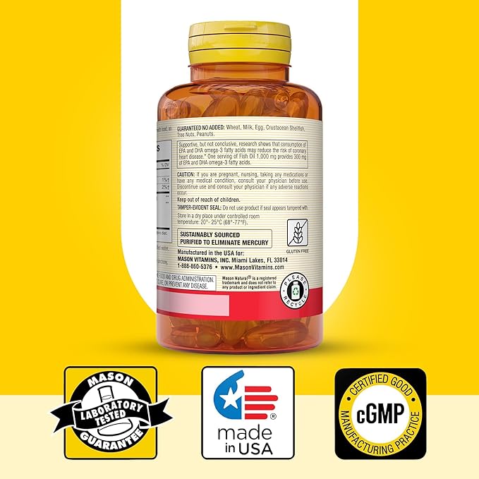 MASON NATURAL Omega3 Fish Oil 200Day Supply 1000mg with EPA and DHA for Joint Support Softgel Pills