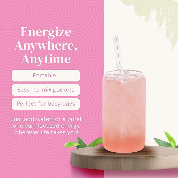 Support Sip with Caffeine and L-Theanine Blend - Healthy Drink Mix Powder Packets for Immune &amp Digestive Health - All Natural Ingredients No Added Sugar or Dyes - Strawberry Spark (30 Packs)