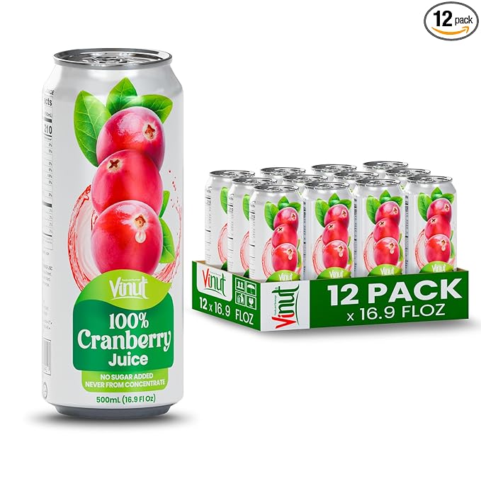 VINUT 100% Cranberry Juice No Added Sugar Not From Concentrate 16.9 fl oz (500 mL) Can Pack of 12