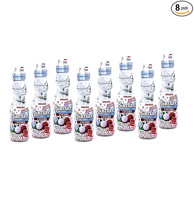 Sangaria Japanese Soft Drink Ramune Lychee Flavor Pack of 8 (Total 54.08 Fl Oz)